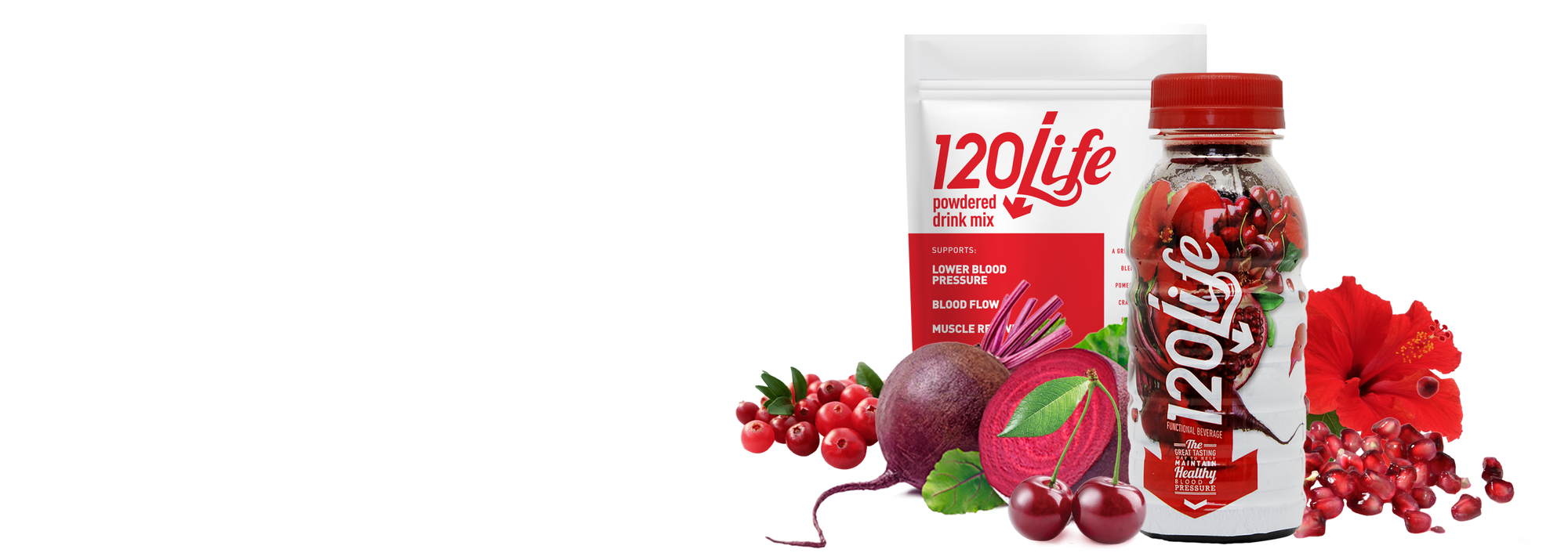 A bag of 120/Life Powdered Drink Mix and 120/Life Juice Drink surrounded by fruits such as pomegranates, tart cherries, and hibiscus