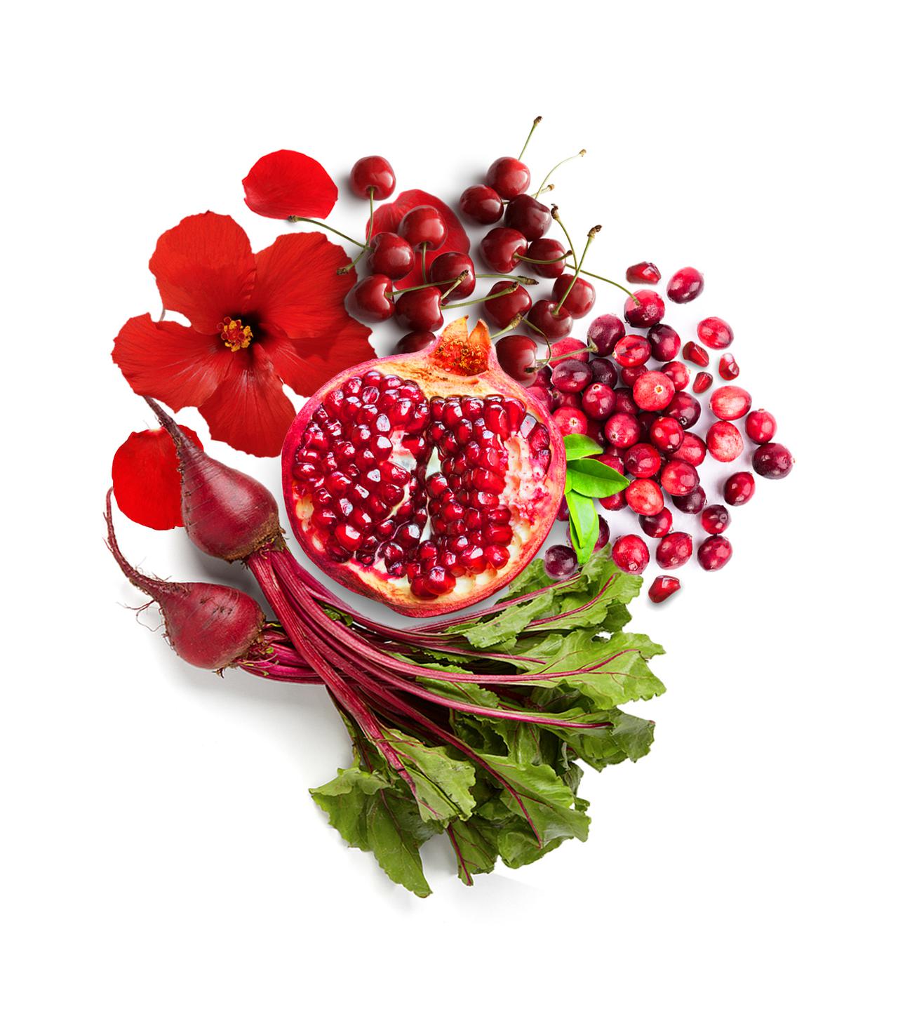 Assorted Fruits, including pomegranate and cherries