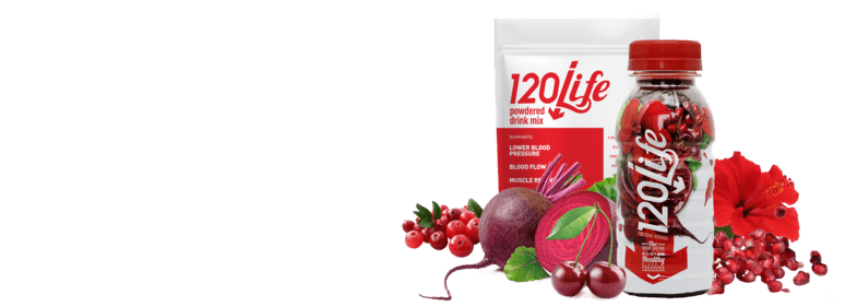 A bag of 120/Life Powdered Drink Mix and 120/Life Juice Drink surrounded by fruits such as pomegranates, tart cherries, and hibiscus